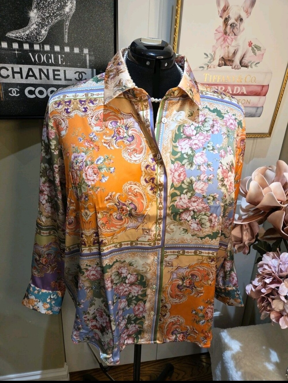 Nwt 1X Industry Women's Floral Patchwork Button-Down Shirt - Orange Multi